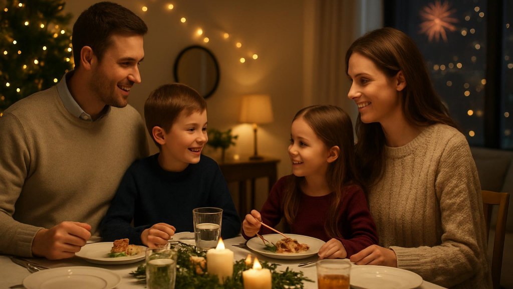 Famiglia con bambini in ambiente accogliente per Capodanno