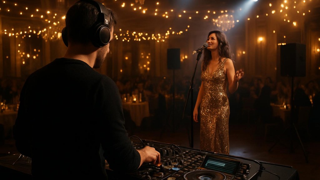 DJ o cantante in una sala eventi per Capodanno
